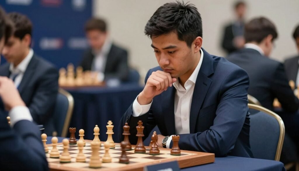 A professional chess player, Wesley So, focused intently on a chessboard, capturing a moment of strategic thinking. He is dressed in a sharp, tailored navy suit, highlighting his status as a prominent U.S. chess figure. In the foreground, the chessboard is elegantly designed with polished wooden pieces, emphasizing the intensity of the game. The middle layer features Wesley with soft, natural lighting that enhances his concentration and passion for chess. In the background, a blurred, sophisticated chess tournament setting shows subtle hints of spectators and other players, creating an atmosphere of high-stakes competition. Use a shallow depth of field to draw the viewer’s attention to Wesley, reflecting a mood that is both serious and inspiring. The image should be professional and friendly, suitable for an article on modern chess titans. Debsie.com A professional chess player, Wesley So, focused intently on a chessboard, capturing a moment of strategic thinking. He is dressed in a sharp, tailored navy suit, highlighting his status as a prominent U.S. chess figure. In the foreground, the chessboard is elegantly designed with polished wooden pieces, emphasizing the intensity of the game. The middle layer features Wesley with soft, natural lighting that enhances his concentration and passion for chess. In the background, a blurred, sophisticated chess tournament setting shows subtle hints of spectators and other players, creating an atmosphere of high-stakes competition. Use a shallow depth of field to draw the viewer’s attention to Wesley, reflecting a mood that is both serious and inspiring. The image should be professional and friendly, suitable for an article on modern chess titans. Debsie.com