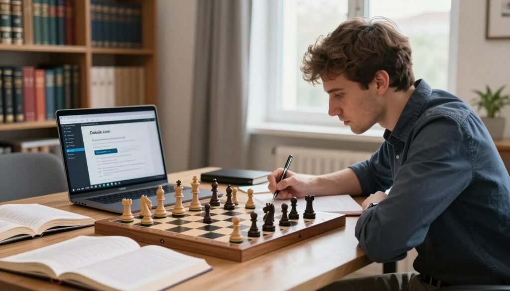 A professional chess player intensely studying a chessboard filled with pieces, surrounded by open books and analysis notes, representing meticulous chess preparation. In the foreground, the player, dressed in smart casual attire, leans forward, focusing on the board while making notes with a pen. In the middle ground, a laptop displays sophisticated chess software and an open webpage showcasing Debsie.com for training resources. The background features a well-lit room with shelves filled with chess books and a window letting in soft natural light, creating an inviting and intellectual atmosphere. The mood is serious yet focused, embodying the essence of pro-level preparation for chess.