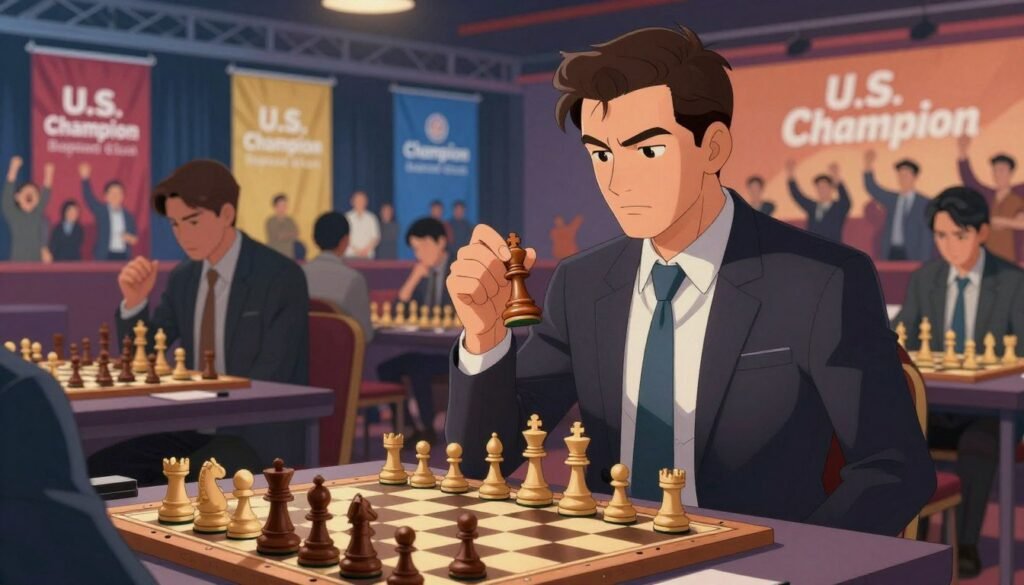 A professional chess player stands confidently in the foreground, dressed in a tailored business suit, holding a chess piece in one hand while focused on a chessboard set up before him. His expression conveys determination and strategic thinking. In the middle ground, a vibrant chess tournament setting unfolds, with colorful banners showcasing "U.S. Champion" and players engaged in intense matches. The background features a cheering crowd, adding to the excitement of the competition. Soft, ambient lighting creates a dynamic atmosphere, highlighting the intensity of the moment while casting gentle shadows across the scene. The image captures the essence of competitive spirit and mastery in chess, embodying the concept of speed chess. This illustration is designed for Debsie.com, portraying admiration for the art of blitz and bullet chess.