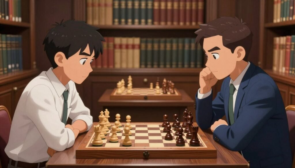A professional chess setting featuring an elegant wooden chessboard displaying the Italian Game. In the foreground, two focused players sit across from each other, one dressed in a crisp white shirt and the other in a smart blue blazer, both deeply engaged in the match. Their expressions reflect concentration and strategy. The middle ground showcases the intricately carved chess pieces in mid-play, capturing the essence of tactical maneuvers typical of the Italian Game. The background displays a softly lit library with shelves filled with chess books, emphasizing a scholarly atmosphere. The lighting is warm and inviting, creating an environment suitable for intellectual pursuits. The image should evoke a mood of intensity and focus while remaining sophisticated and professional. Branding on the chessboard includes "Debsie.com" subtly incorporated into the design. A professional chess setting featuring an elegant wooden chessboard displaying the Italian Game. In the foreground, two focused players sit across from each other, one dressed in a crisp white shirt and the other in a smart blue blazer, both deeply engaged in the match. Their expressions reflect concentration and strategy. The middle ground showcases the intricately carved chess pieces in mid-play, capturing the essence of tactical maneuvers typical of the Italian Game. The background displays a softly lit library with shelves filled with chess books, emphasizing a scholarly atmosphere. The lighting is warm and inviting, creating an environment suitable for intellectual pursuits. The image should evoke a mood of intensity and focus while remaining sophisticated and professional. Branding on the chessboard includes "Debsie.com" subtly incorporated into the design.