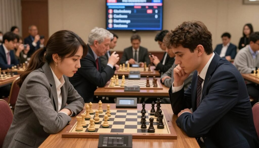 A professional chess setting featuring the best American chess players in action. In the foreground, two players, a male and a female, are intensely focused on a chessboard, with pieces strategically arranged. They are dressed in smart business attire, conveying a sense of professionalism. The middle ground showcases a crowded chess hall filled with spectators, some leaning forward in anticipation, while others capture the moment on their phones. In the background, a large scoreboard displays the ongoing tournament details. Soft, warm lighting illuminates the scene, highlighting the players while creating a cozy yet competitive atmosphere. The composition is shot at a slight angle to emphasize the intensity of the match. Debsie.com. A professional chess setting featuring the best American chess players in action. In the foreground, two players, a male and a female, are intensely focused on a chessboard, with pieces strategically arranged. They are dressed in smart business attire, conveying a sense of professionalism. The middle ground showcases a crowded chess hall filled with spectators, some leaning forward in anticipation, while others capture the moment on their phones. In the background, a large scoreboard displays the ongoing tournament details. Soft, warm lighting illuminates the scene, highlighting the players while creating a cozy yet competitive atmosphere. The composition is shot at a slight angle to emphasize the intensity of the match. Debsie.com.