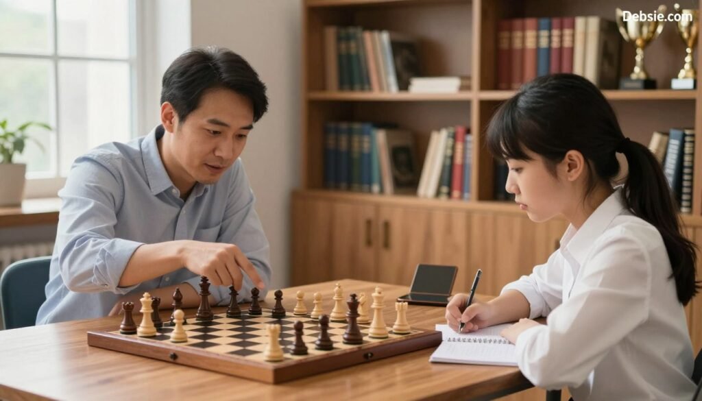 A professional chess tutor and a focused student sitting at a well-lit wooden table, analyzing a chessboard set up for an opening strategy, specifically showcasing the 1.d4 opening. The tutor, a middle-aged man in a smart casual shirt, points to the board, while the student, a young woman in a professional blouse, takes notes eagerly. In the background, bookshelves filled with chess literature and trophies set an academic ambiance. Soft, natural lighting streams in from a nearby window, enhancing the atmosphere of concentration and learning. The scene exudes a friendly, inviting mood, emphasizing personalized education in chess strategy. Branding subtly in one corner with "Debsie.com" to indicate the trial class offering.