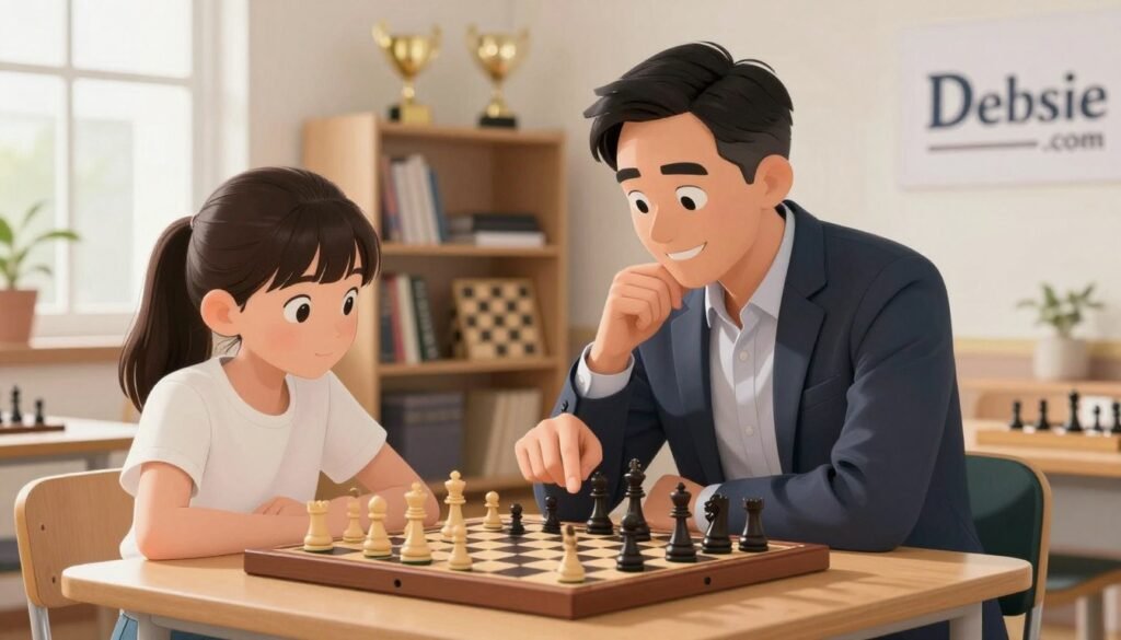 A professional chess tutor and a young student engaged in a lesson, sitting at a chessboard in a bright, inviting room. The tutor, a middle-aged person in smart casual attire, smiles encouragingly while pointing at the chess pieces with a thoughtful expression. The student, a teenage girl wearing a comfortable yet modest outfit, looks focused and intrigued. In the background, a well-organized shelf filled with chess books and trophies adds depth to the scene. Soft natural lighting filters through the window, creating a warm and friendly atmosphere. The image reflects a positive learning environment, ideal for encouraging potential students to take a free trial class. The logo for "Debsie.com" subtly integrated into the decor enhances the scene’s professionalism. A professional chess tutor and a young student engaged in a lesson, sitting at a chessboard in a bright, inviting room. The tutor, a middle-aged person in smart casual attire, smiles encouragingly while pointing at the chess pieces with a thoughtful expression. The student, a teenage girl wearing a comfortable yet modest outfit, looks focused and intrigued. In the background, a well-organized shelf filled with chess books and trophies adds depth to the scene. Soft natural lighting filters through the window, creating a warm and friendly atmosphere. The image reflects a positive learning environment, ideal for encouraging potential students to take a free trial class. The logo for "Debsie.com" subtly integrated into the decor enhances the scene’s professionalism.