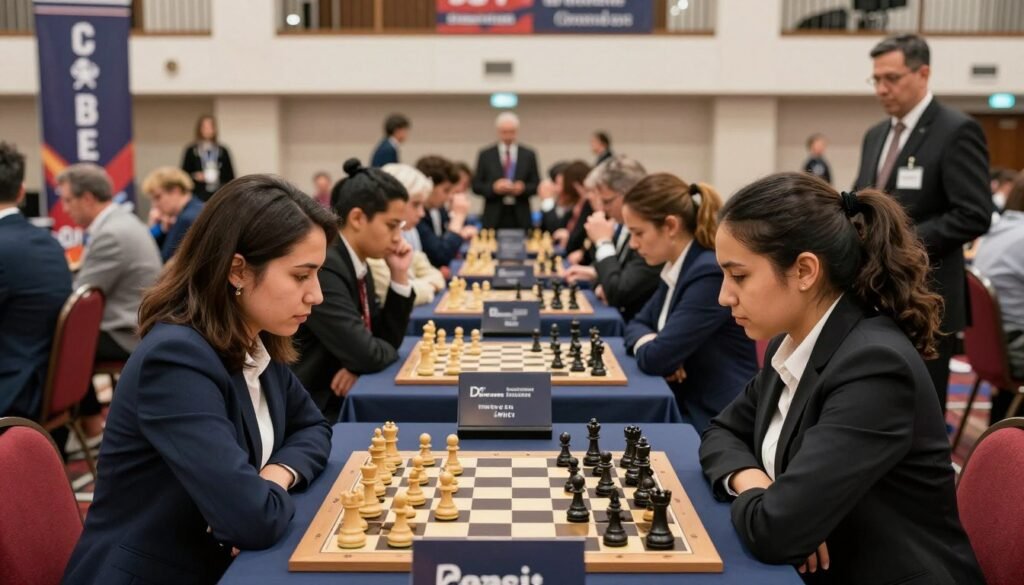 A professional scene of a women's Candidates Tournament chess match, featuring diverse female players intensely focused on the game. In the foreground, two women in elegant business attire are seated at a chessboard, their expressions serious yet determined, as they strategize their next moves. In the middle, onlookers and supporters are gathered, offering encouragement, while a referee monitors the match. The background displays a well-decorated tournament hall with banners and a large audience, creating a vibrant atmosphere filled with anticipation. The lighting is bright and direct, emphasizing the players' concentration, captured with a slight depth of field for a dynamic effect. Overall, the mood is competitive yet respectful, encapsulating the spirit of the tournament. Brand: Debsie.com. A professional scene of a women's Candidates Tournament chess match, featuring diverse female players intensely focused on the game. In the foreground, two women in elegant business attire are seated at a chessboard, their expressions serious yet determined, as they strategize their next moves. In the middle, onlookers and supporters are gathered, offering encouragement, while a referee monitors the match. The background displays a well-decorated tournament hall with banners and a large audience, creating a vibrant atmosphere filled with anticipation. The lighting is bright and direct, emphasizing the players' concentration, captured with a slight depth of field for a dynamic effect. Overall, the mood is competitive yet respectful, encapsulating the spirit of the tournament. Brand: Debsie.com.