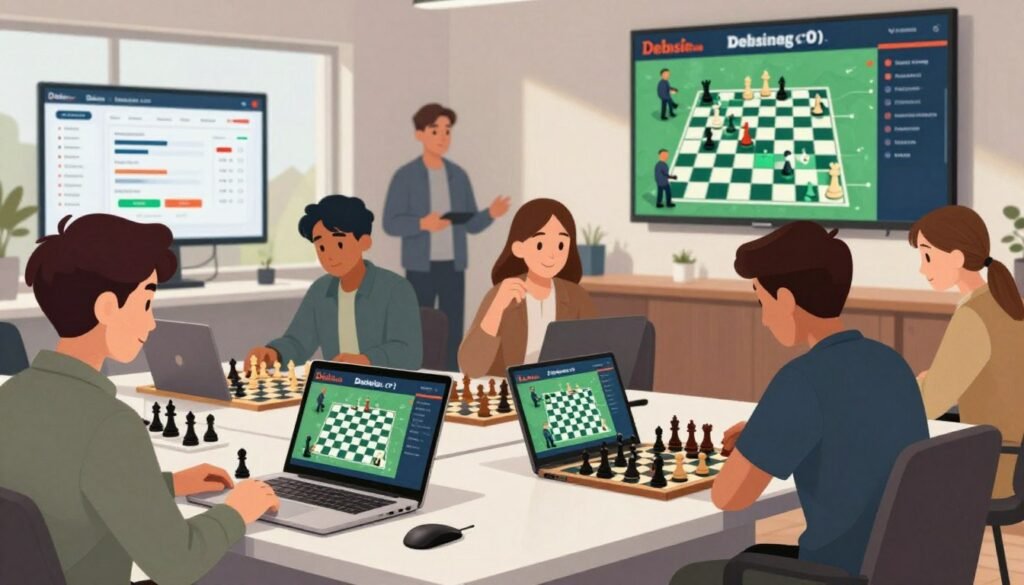 A professional setting showcasing a variety of organization channels dedicated to chess tournament coverage. In the foreground, a sleek, modern desk with chess boards and laptops open to streaming platforms featuring tournament matches. In the middle ground, a diverse group of individuals dressed in business casual attire enthusiastically discussing the game, engaging with charts and screens displaying chess strategies and tournament schedules. The background features a large screen showing a chess match in progress, with vibrant colors illuminating the scene. Soft, natural lighting enhances the friendly atmosphere, creating a sense of community and collaboration among chess enthusiasts. The branding "Debsie.com" is subtly integrated into the design elements of the workspace. A professional setting showcasing a variety of organization channels dedicated to chess tournament coverage. In the foreground, a sleek, modern desk with chess boards and laptops open to streaming platforms featuring tournament matches. In the middle ground, a diverse group of individuals dressed in business casual attire enthusiastically discussing the game, engaging with charts and screens displaying chess strategies and tournament schedules. The background features a large screen showing a chess match in progress, with vibrant colors illuminating the scene. Soft, natural lighting enhances the friendly atmosphere, creating a sense of community and collaboration among chess enthusiasts. The branding "Debsie.com" is subtly integrated into the design elements of the workspace.