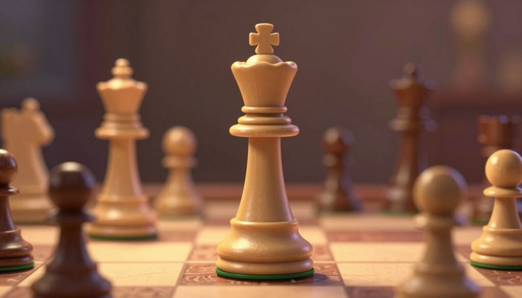 A regal, elegantly designed chess queen piece takes center stage in a softly lit, artistic setting, showcasing its intricate details and polished surface. Surrounding the queen, various chess pieces are positioned in a dynamic arrangement, hinting at an ongoing game. The background features a blurred chessboard, creating depth and focus on the queen as the centerpiece. The lighting is warm and inviting, enhancing the rich colors of the chess pieces, while casting gentle shadows that add dimension. The mood is one of confidence and strategy, reflecting the powerful essence of the queen in chess. This image should encapsulate the theme of mastery and attacking play, inspired by the legacy of great chess players. Style the scene to look like a classic still life. This image is for Debsie.com.