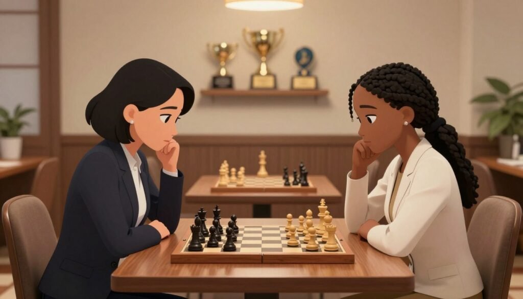 A scene depicting women engaging in a serious game of chess, highlighting the determination and focus of the players. In the foreground, two women of diverse ethnic backgrounds sit across from each other at a polished wooden chess table, each dressed in professional business attire. One woman, with short dark hair, intently studies the board, while the other, with long braided hair, thoughtfully analyzes her next move. The middle ground features an elegantly decorated gaming room with soft lighting that creates a warm atmosphere. In the background, trophies and awards celebrate achievements in chess, symbolizing breaking barriers. The scene conveys a sense of empowerment and intelligence. Use a soft-focus lens to enhance the intimate feel, avoiding distractions. This image aims to inspire and highlight the importance of women in chess. Debsie.com. A scene depicting women engaging in a serious game of chess, highlighting the determination and focus of the players. In the foreground, two women of diverse ethnic backgrounds sit across from each other at a polished wooden chess table, each dressed in professional business attire. One woman, with short dark hair, intently studies the board, while the other, with long braided hair, thoughtfully analyzes her next move. The middle ground features an elegantly decorated gaming room with soft lighting that creates a warm atmosphere. In the background, trophies and awards celebrate achievements in chess, symbolizing breaking barriers. The scene conveys a sense of empowerment and intelligence. Use a soft-focus lens to enhance the intimate feel, avoiding distractions. This image aims to inspire and highlight the importance of women in chess. Debsie.com.