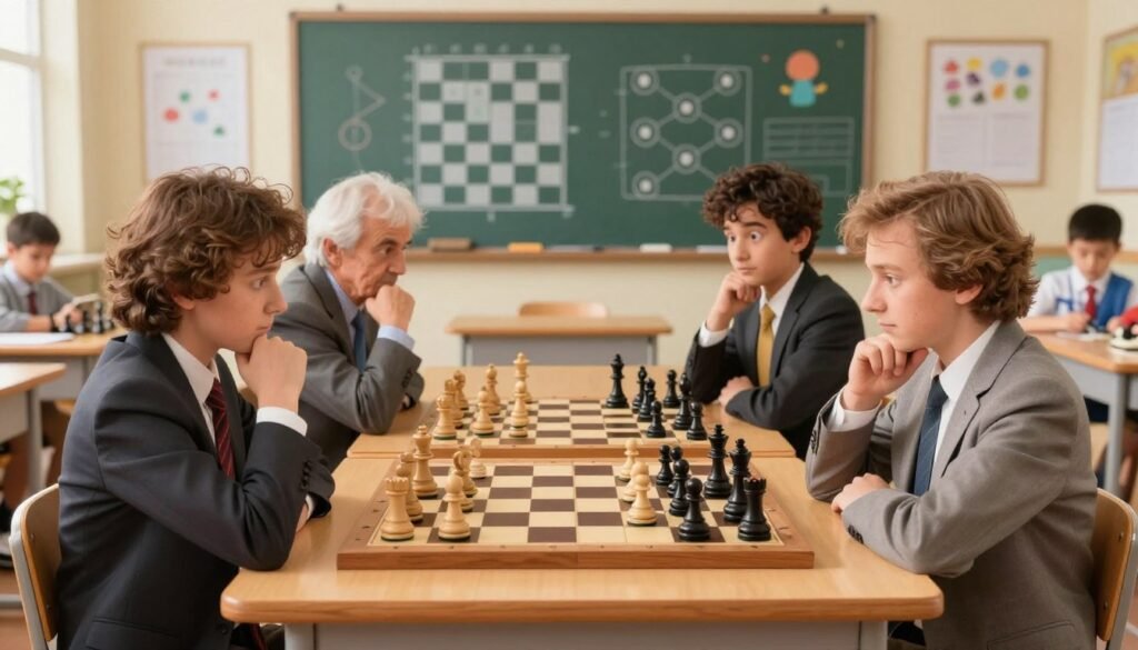 A scene featuring classic world chess champions, including figures like Garry Kasparov, Anatoly Karpov, and Bobby Fischer, sitting around a chessboard in a well-lit, modern classroom. The foreground shows the players deep in thought, dressed in professional business attire, with focused expressions as they analyze the board. In the middle, a large, wooden chessboard is set up with distinct, clear positions that showcase strategic patterns ideal for teaching kids. The background features a chalkboard filled with simple, clean chess diagrams and colorful illustrations to engage young learners. The atmosphere should be friendly and encouraging, promoting a sense of curiosity and excitement about learning chess. Soft, natural lighting enhances the welcoming feel of the setting. Image by Debsie.com.