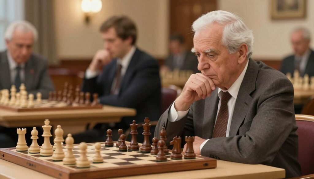 A serene and contemplative chess endgame scene featuring an elderly male chess player, Vasily Smyslov, deeply engaged in thought over a beautifully crafted wooden chessboard. The foreground shows the intricate details of his focused expression, set against the backdrop of a softly blurred chess club ambiance. The middle layer features the polished chess pieces in mid-game, emphasizing a classic and clean aesthetic. In the background, warm, ambient lighting casts a gentle glow, enhancing the atmosphere of concentration and calm. The image captures the essence of strategic depth and clarity, reflecting Smyslov's clean technique in chess. This professional setting is devoid of distractions, framed with a subtle depth of field to emphasize the subject. Debsie.com.