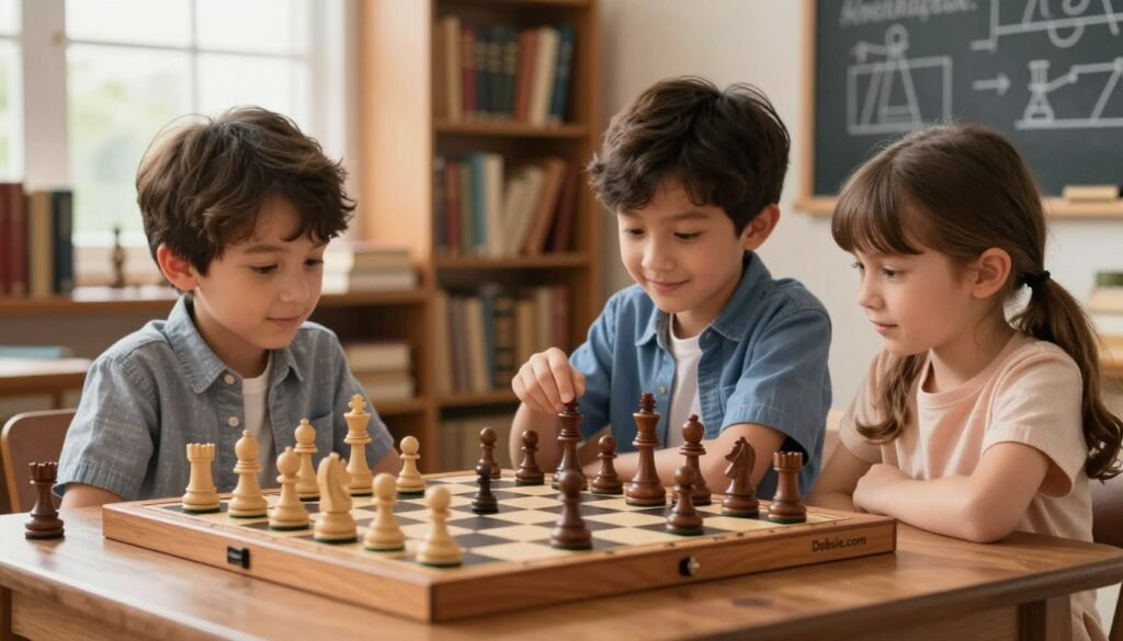 A serene and educational chess scene focusing on endgame skills. In the foreground, a wooden chessboard adorned with classic pieces, showcasing a variety of endgame positions. Beside the board, two children, one boy and one girl, are deeply engaged in the game, dressed in smart-casual attire. The background features a cozy library filled with books on chess strategy and technique, softly lit by warm, natural light coming through a window. The atmosphere feels inviting and nurturing, perfect for learning. A subtle hint of a chalkboard on the wall displays endgame principles in simplified diagrams. The image should convey focus, collaboration, and the joy of mastering chess skills. Photograph should be shot at eye level with a shallow depth of field to keep the kids and chessboard in sharp focus while softly blurring the background. Branding on the chessboard should read "Debsie.com".