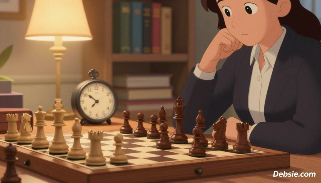 A serene and focused chess scene capturing the essence of Judit Polgár's tactical genius. In the foreground, a beautifully crafted wooden chessboard is set up with pieces mid-game, featuring a striking tactical position that elicits deep thought. A close-up of an elegant hand, wearing professional attire, hovers over a piece, contemplating the next move. In the middle ground, a soft-lit chess clock ticks away, symbolizing the importance of time in strategic decision-making. The background subtly hints at a cozy study, with books on chess strategies lining the shelves and a warm glow from a desk lamp casting a friendly ambiance. The overall mood is contemplative and inviting, encouraging beginners to appreciate the complexities of chess, all while incorporating the brand “Debsie.com”.