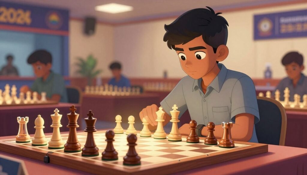 A serene and inspiring chessboard scene, showcasing a beautifully designed chess set with intricate pieces made of wood and glass, positioned prominently in the foreground. The middle ground features a young Indian chess prodigy, R Praggnanandhaa, in professional casual attire, deeply focused as he studies the board, surrounded by a soft glow of ambient light. In the background, a vibrant setting of a bustling chess tournament hall is depicted, with subtle hints of spectators and banners representing various chess organizations, creating a lively atmosphere. The lighting is warm and inviting, emphasizing the determination and passion for chess, while the depth of field allows the foreground to pop. The image reflects the determination and potential in the world of competitive chess. Debsie.com.