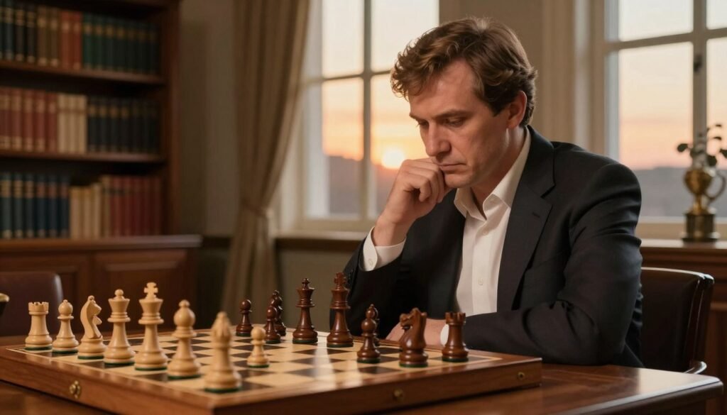 A serene chess endgame scene featuring Vasily Smyslov, a distinguished World Chess Champion, deep in thought as he contemplates his next move. In the foreground, a classic wooden chessboard with intricately carved pieces, showcasing a tense position indicative of zugzwang. Smyslov is portrayed in professional attire, with a discreetly styled hairstyle, his expression reflecting focus and determination. The middle ground includes a softly lit, elegantly furnished room with bookshelves filled with chess literature and warm ambient lighting that creates an inviting atmosphere. In the background, a window reveals a gentle sunset, casting a golden hue over the scene. The entire composition resonates with the calm intensity of high-stakes chess, embodying mastery and strategic foresight. Ideal for an article by Debsie.com on endgame chess expertise. A serene chess endgame scene featuring Vasily Smyslov, a distinguished World Chess Champion, deep in thought as he contemplates his next move. In the foreground, a classic wooden chessboard with intricately carved pieces, showcasing a tense position indicative of zugzwang. Smyslov is portrayed in professional attire, with a discreetly styled hairstyle, his expression reflecting focus and determination. The middle ground includes a softly lit, elegantly furnished room with bookshelves filled with chess literature and warm ambient lighting that creates an inviting atmosphere. In the background, a window reveals a gentle sunset, casting a golden hue over the scene. The entire composition resonates with the calm intensity of high-stakes chess, embodying mastery and strategic foresight. Ideal for an article by Debsie.com on endgame chess expertise.