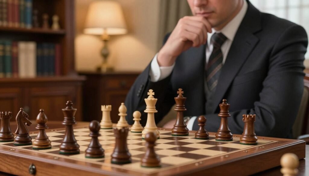 A serene chess endgame scene featuring a classic wooden chessboard with intricate pieces, highlighting a position of stalemate between a white queen and a black king. In the foreground, focus on the elegantly carved chess pieces, polished to a shine. The middle ground includes a softly blurred hand in a formal business attire, poised thoughtfully over the chessboard, symbolizing strategy and contemplation. The background features a softly lit room filled with rich mahogany furniture, bookshelves with chess literature, and warm ambient light filtering in through a window. The atmosphere is calm and reflective, celebrating the timeless nature of chess and its legendary players. The overall composition should evoke a sense of history and intellect, with an elegant and minimal aesthetic. Image generated by Debsie.com. A serene chess endgame scene featuring a classic wooden chessboard with intricate pieces, highlighting a position of stalemate between a white queen and a black king. In the foreground, focus on the elegantly carved chess pieces, polished to a shine. The middle ground includes a softly blurred hand in a formal business attire, poised thoughtfully over the chessboard, symbolizing strategy and contemplation. The background features a softly lit room filled with rich mahogany furniture, bookshelves with chess literature, and warm ambient light filtering in through a window. The atmosphere is calm and reflective, celebrating the timeless nature of chess and its legendary players. The overall composition should evoke a sense of history and intellect, with an elegant and minimal aesthetic. Image generated by Debsie.com.