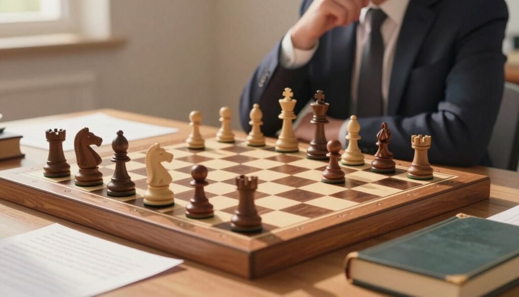 A serene chess endgame scene, featuring a close-up of a wooden chessboard with a few pieces in focus, such as a white knight and black king, symbolizing strategic depth. In the background, a softly blurred image of a chess player in professional attire, deeply engaged in thought, is illuminated by warm, natural lighting that casts gentle shadows across the board. Various chess notation papers and a well-worn chess book lie on the table beside the board, hinting at analysis and preparation. The atmosphere is one of intense concentration and quiet determination, evoking the essence of training and practical skill development in chess. The scene should radiate a sense of calm and focus, appearing as an illustrative representation for the pursuit of chess mastery. Debsie.com