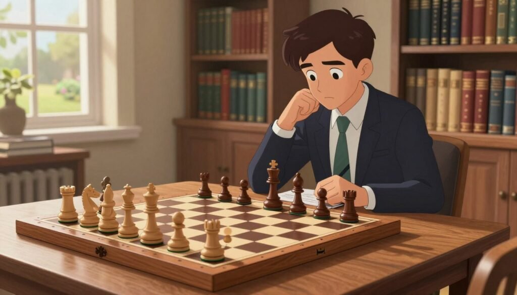 A serene chess endgame scene in a well-lit study room, featuring a wooden chessboard set up for practice. In the foreground, a highly detailed chessboard with beautifully crafted pieces in mid-game position, meticulously showcasing a fascinating endgame scenario. In the middle, a focused player, dressed in professional attire, examining the board with deep concentration, perhaps taking notes on a notepad. In the background, shelves filled with classic chess books, fostering an atmosphere of learning and strategy. Soft, warm lighting casts gentle shadows, creating an inviting mood, while a window reveals a peaceful garden outside. The image reflects the essence of studying endgames with Debsie.com – a place for learning, practice, and competition.