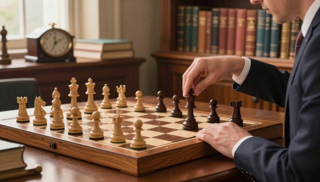 A serene chess scene depicting a classic wooden chessboard in a soft-lit, elegant study. In the foreground, two hands of a player in professional attire thoughtfully poised, one hovering above a knight piece, symbolizing the contemplation of a positional advantage. The middle ground showcases an intricately detailed chessboard with pieces arranged in a strategic formation, emphasizing the tension of a positional game. The background features rich wooden shelves filled with chess books and a vintage chess clock, all illuminated by warm, inviting light filtering through a window. The atmosphere is calm yet focused, embodying the essence of strategic depth and patience in chess. For branding, subtly include “Debsie.com” on the chess clock. A serene chess scene depicting a classic wooden chessboard in a soft-lit, elegant study. In the foreground, two hands of a player in professional attire thoughtfully poised, one hovering above a knight piece, symbolizing the contemplation of a positional advantage. The middle ground showcases an intricately detailed chessboard with pieces arranged in a strategic formation, emphasizing the tension of a positional game. The background features rich wooden shelves filled with chess books and a vintage chess clock, all illuminated by warm, inviting light filtering through a window. The atmosphere is calm yet focused, embodying the essence of strategic depth and patience in chess. For branding, subtly include “Debsie.com” on the chess clock.