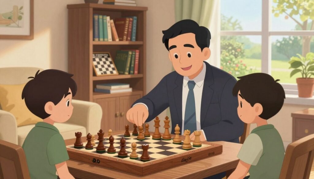 A serene chess scene depicting a cozy, inviting room filled with warm natural light. In the foreground, an elegant wooden chessboard is neatly set up with classic wooden pieces, ready for a game. To the side, a friendly middle-aged person, dressed in professional business attire, is smiling while demonstrating a chess move to a young learner, who wears casual clothing, looking eager to learn. In the background, a bookshelf filled with chess books and strategy guides reflects the theme of knowledge and self-improvement. A cozy armchair and a window with a view of a peaceful garden complete the serene atmosphere. The image should convey a sense of encouragement and the excitement of starting a chess journey with Debsie.com, emphasizing a friendly and approachable learning environment. A serene chess scene depicting a cozy, inviting room filled with warm natural light. In the foreground, an elegant wooden chessboard is neatly set up with classic wooden pieces, ready for a game. To the side, a friendly middle-aged person, dressed in professional business attire, is smiling while demonstrating a chess move to a young learner, who wears casual clothing, looking eager to learn. In the background, a bookshelf filled with chess books and strategy guides reflects the theme of knowledge and self-improvement. A cozy armchair and a window with a view of a peaceful garden complete the serene atmosphere. The image should convey a sense of encouragement and the excitement of starting a chess journey with Debsie.com, emphasizing a friendly and approachable learning environment.