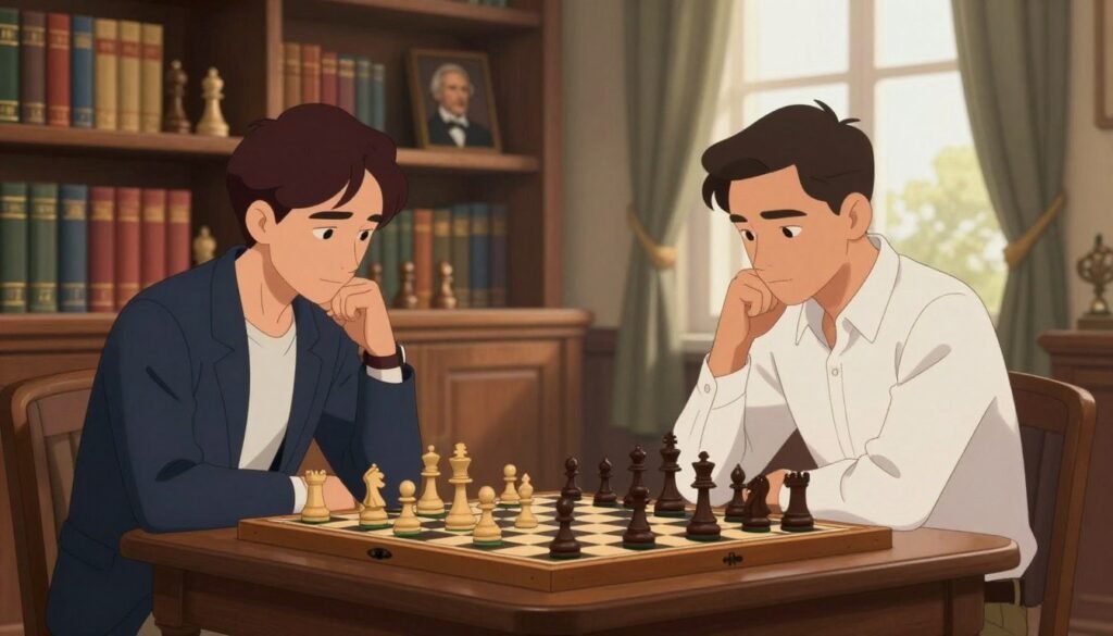 A serene chess scene depicting two skilled players engaged in a strategic match, set in a classic study filled with warm wooden tones. In the foreground, a polished wooden chessboard is featured prominently, showcasing a mid-game position with elegantly crafted pieces. The players, one wearing a smart navy blazer and the other in a tailored white shirt, are deeply focused, contemplating their next moves. The middle ground reveals shelves lined with books on chess strategy and portraits of historical positional masters, while the background features a soft, diffused light filtering through a large window, casting gentle shadows. This atmospheric setting conveys a sense of timeless wisdom and the enduring relevance of positional play in chess. Source: Debsie.com. A serene chess scene depicting two skilled players engaged in a strategic match, set in a classic study filled with warm wooden tones. In the foreground, a polished wooden chessboard is featured prominently, showcasing a mid-game position with elegantly crafted pieces. The players, one wearing a smart navy blazer and the other in a tailored white shirt, are deeply focused, contemplating their next moves. The middle ground reveals shelves lined with books on chess strategy and portraits of historical positional masters, while the background features a soft, diffused light filtering through a large window, casting gentle shadows. This atmospheric setting conveys a sense of timeless wisdom and the enduring relevance of positional play in chess. Source: Debsie.com.