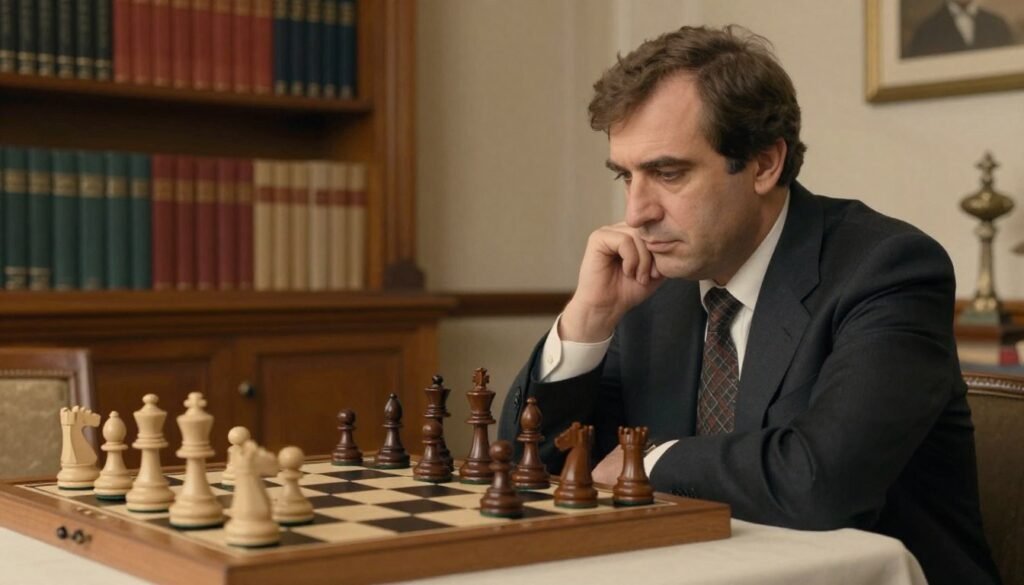 A serene chess scene featuring Boris Spassky at a chessboard, deeply focused on a critical position, showcasing intense concentration and strategy. In the foreground, capture Spassky, a man with distinct features, dressed in professional business attire, engaged in thought. The middle layer features a chessboard with intricately crafted pieces in mid-game, highlighting classic opening strategies known to Spassky. The background reveals a softly lit, elegant room filled with books on chess strategy and historical achievements, creating an atmosphere of legacy and intellectual depth. Use warm lighting to evoke a sense of nostalgia and respect for the game. The composition should convey a timeless quality, symbolizing Spassky’s enduring legacy as “the complete player.” Image created for Debsie.com.