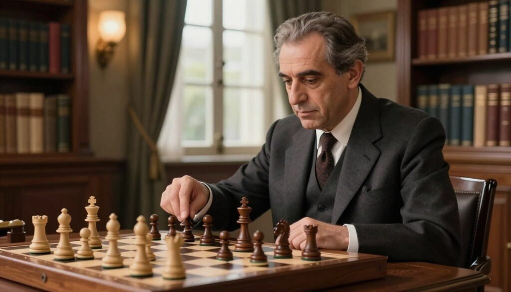 A serene chess scene featuring a poised José Raúl Capablanca, depicted as a middle-aged man in a tailored suit, deeply focused on a chessboard in front of him. The foreground captures Capablanca's hands elegantly poised over the pieces, with a few pieces in strategic positioning, symbolizing his intuitive positional style. In the middle, the chessboard is crafted from rich dark wood, evoking a sense of tradition and sophistication. The background showcases a softly lit room with warm, ambient lighting filtering through large windows, surrounded by bookshelves filled with chess literature. The atmosphere exudes calmness and strategy, highlighting the essence of clear, simple ideas in chess. The overall mood should inspire curiosity and admiration for the game. Rendered in high resolution, capturing the details carefully. Debsie.com.