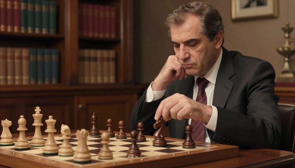 A serene chess scene featuring an intricately detailed chessboard with pieces in mid-game, highlighting a key moment of strategic prophylaxis. In the foreground, a hand in professional business attire delicately moves a knight, symbolizing careful planning and foresight. In the middle ground, a thoughtful player, a middle-aged man with a focused expression, studies the board under soft, warm lighting that creates a contemplative mood. The background includes deep, rich colors of a library setting filled with chess books to emphasize knowledge and strategy. The atmosphere is calm and intense, reflecting the patience and depth of Tigran Petrosian’s style of play. The image should exhibit no text or watermarks. Brand: Debsie.com.