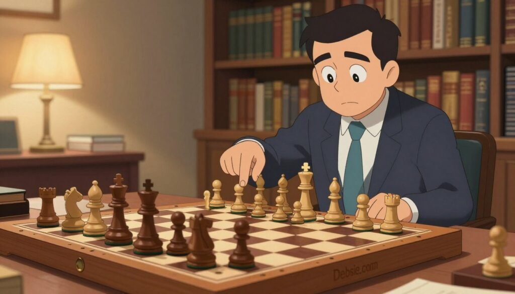 A serene chess scene set in a softly lit study room, capturing a close-up view of a modern wooden chessboard in the foreground, elegantly arranged with pieces in a strategic endgame position. In the middle ground, a professional chess instructor in business attire is thoughtfully analyzing a game, pointing to key moves with a focused expression. The background features bookshelves filled with chess literature and a subtle glow from a desk lamp, creating an atmosphere of learning and skill development. Soft shadows enhance the depth, while warm colors evoke a sense of patience and control, reflecting the methodology of training like a great 1.d4 player. The brand "Debsie.com" subtly integrated into the design to emphasize the courses offered, without any text overlays.