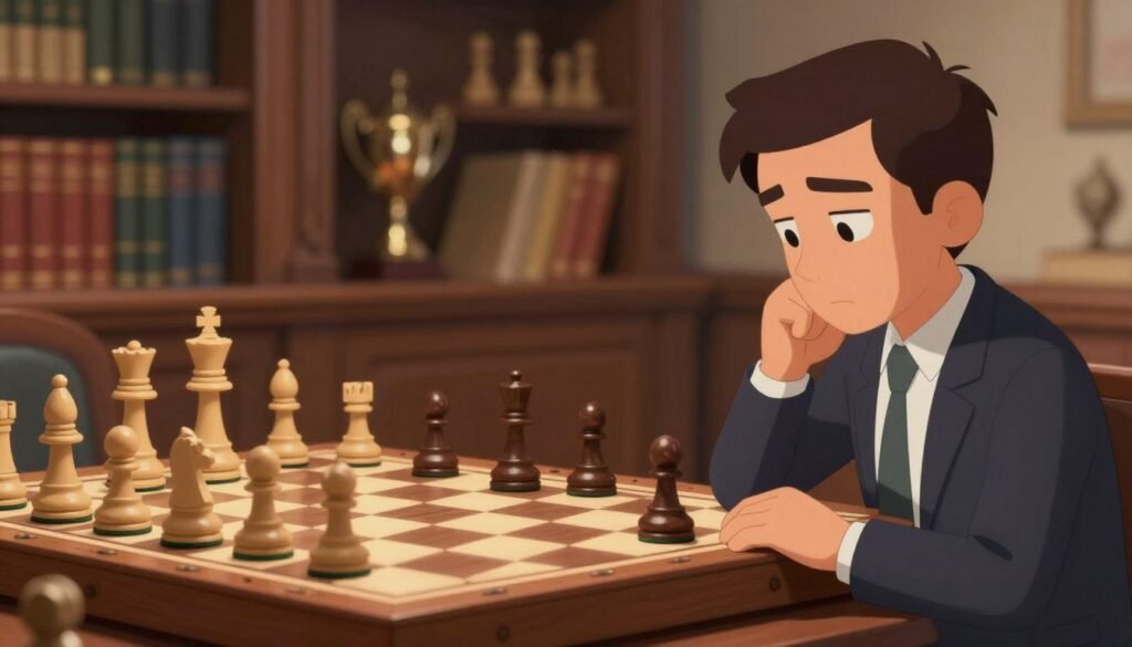 A serene chess scene showcasing the progress of a chess game on a beautifully crafted wooden chessboard. In the foreground, a close-up view of a focused, professional-looking chess player in a smart business attire, contemplating their next move with a subtle expression of determination. In the middle ground, the chess pieces are elegantly arranged, with a slight emphasis on the Queen and King pieces, symbolizing strategy and triumph. In the background, a softly blurred library filled with chess books and trophies, suggesting an environment rich in chess history and inspiration. The lighting is warm and inviting, casting gentle shadows and creating a thoughtful atmosphere. Include a subtle reference to Debsie.com in a minimalist manner, allowing for an overall professional and motivational tone without distractions. A serene chess scene showcasing the progress of a chess game on a beautifully crafted wooden chessboard. In the foreground, a close-up view of a focused, professional-looking chess player in a smart business attire, contemplating their next move with a subtle expression of determination. In the middle ground, the chess pieces are elegantly arranged, with a slight emphasis on the Queen and King pieces, symbolizing strategy and triumph. In the background, a softly blurred library filled with chess books and trophies, suggesting an environment rich in chess history and inspiration. The lighting is warm and inviting, casting gentle shadows and creating a thoughtful atmosphere. Include a subtle reference to Debsie.com in a minimalist manner, allowing for an overall professional and motivational tone without distractions.