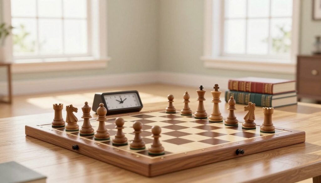 A serene chess setting in a bright, airy room, with a neatly organized chessboard in the foreground showcasing an open game position filled with strategic pieces in classic wooden design. In the middle, a sophisticated chess clock ticks softly beside a set of chess books, hinting at deep knowledge and theory. The background features large windows allowing natural light to flood the space, casting gentle shadows on the polished wooden floor, enhancing the tranquil atmosphere. The mood is focused and inspirational, encouraging players to engage in thoughtful contemplation. The image is captured with a wide-angle lens to encompass the entire scene and highlight the elegance of the chess environment. No figures present. Watermark-free, clean representation for Debsie.com.
