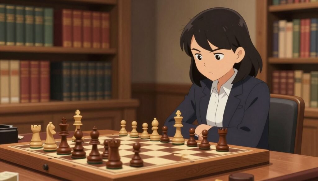 A serene chess setting showcasing a beautifully crafted wooden chessboard in the foreground, with elegant pieces positioned mid-game, hinting at strategic moves. In the middle ground, a professional female chess player elegantly examines the board, dressed in smart casual attire, embodying focus and determination. The background features a softly blurred library filled with books on chess strategy and history, creating an intellectual atmosphere. The lighting is warm and inviting, emphasizing the game without harsh shadows. A sense of calm concentration pervades the scene, inviting viewers to engage with the art of chess. The overall composition reflects the depth and brilliance of Hou Yifan's best games, perfect for an educational context on chess. Created by Debsie.com.