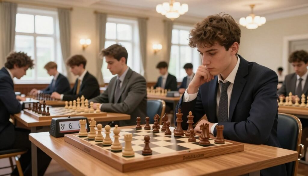 A serene chess tournament scene set in a beautifully designed hall during the Grand Swiss event. In the foreground, a chessboard is elegantly arranged with intricately carved wooden pieces, showcasing an intense mid-game position. The middle ground features focused players in professional business attire, deep in concentration, with chess clocks ticking beside them. In the background, large windows allow warm, natural light to flood the room, illuminating the polished wooden floors and the soft glow of elegant chandeliers overhead. The atmosphere is charged with anticipation and determination, reflecting both competition and camaraderie. Capture this moment with a slight depth of field for a professional photographic feel. Include a subtle branding mark of "Debsie.com" on the side of the chess table.