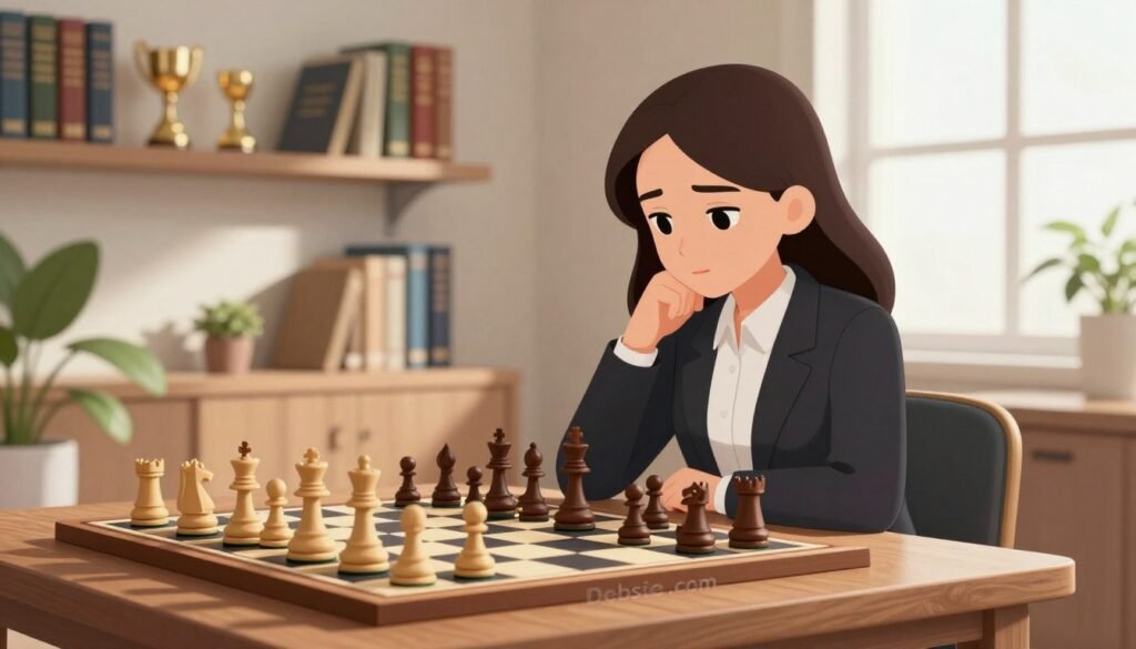 A serene chess training environment featuring a focused young woman in professional business attire, seated at a classic wooden chess table, deeply contemplating her next move. In the foreground, a well-organized chess set with elegantly carved pieces stands out. The middle ground shows shelves lined with chess books and trophies, reflecting dedication and knowledge. Soft, diffused natural light filters through a nearby window, casting gentle shadows and creating a calm atmosphere. The background features a minimalist design with green plants, promoting an aura of tranquility and concentration. The branding "Debsie.com" is subtly incorporated into the scenery, enhancing the professionalism of the scene without drawing attention away from the focused training moment. The overall mood is inspiring, suggesting a supportive space for aspiring chess players to hone their skills. A serene chess training environment featuring a focused young woman in professional business attire, seated at a classic wooden chess table, deeply contemplating her next move. In the foreground, a well-organized chess set with elegantly carved pieces stands out. The middle ground shows shelves lined with chess books and trophies, reflecting dedication and knowledge. Soft, diffused natural light filters through a nearby window, casting gentle shadows and creating a calm atmosphere. The background features a minimalist design with green plants, promoting an aura of tranquility and concentration. The branding "Debsie.com" is subtly incorporated into the scenery, enhancing the professionalism of the scene without drawing attention away from the focused training moment. The overall mood is inspiring, suggesting a supportive space for aspiring chess players to hone their skills.