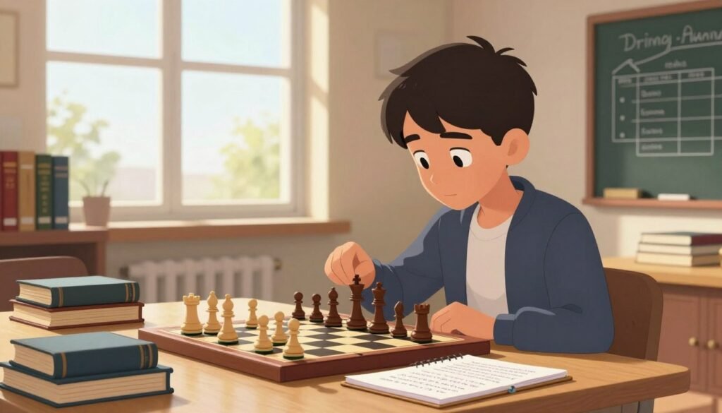 A serene chess training scene in a well-lit room, focusing on a young chess prodigy, around 16 years old, intently studying a chessboard. In the foreground, the player, dressed in a smart casual outfit, is surrounded by chess books and a notebook filled with notes and strategies. The middle ground features a large window letting in warm, natural light, casting soft shadows, while a chalkboard with a training plan is visible on the wall beside them. In the background, a bookshelf filled with classic chess literature adds a touch of authenticity. The atmosphere is calm and focused, suggesting dedication and the pursuit of excellence in chess. Ideal for illustrating tips on improving like top juniors. Branding for "Debsie.com" subtly incorporated in the scene with an understated logo on one of the chess books. A serene chess training scene in a well-lit room, focusing on a young chess prodigy, around 16 years old, intently studying a chessboard. In the foreground, the player, dressed in a smart casual outfit, is surrounded by chess books and a notebook filled with notes and strategies. The middle ground features a large window letting in warm, natural light, casting soft shadows, while a chalkboard with a training plan is visible on the wall beside them. In the background, a bookshelf filled with classic chess literature adds a touch of authenticity. The atmosphere is calm and focused, suggesting dedication and the pursuit of excellence in chess. Ideal for illustrating tips on improving like top juniors. Branding for "Debsie.com" subtly incorporated in the scene with an understated logo on one of the chess books.
