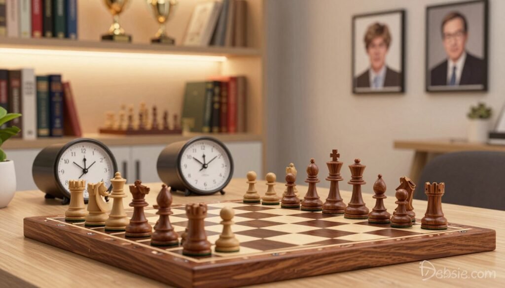 A serene chessboard set in a cozy, modern study, depicting the concept of Fischer Random Chess. In the foreground, a beautifully crafted wooden chess set with pieces intricately designed but arranged in an unconventional setup. The middle layer features two chess clocks in sleek, contemporary designs, emphasizing the time-sensitive nature of the game. In the background, a softly glowing bookshelf filled with chess literature, trophies, and framed pictures of iconic players like Carlsen, Caruana, Nakamura, Aronian, and Ding, subtly suggesting their rivalry and strategy. The lighting is warm and inviting, with subtle shadows to add depth. Capture a calm and intellectual atmosphere, evoking a scene of contemplation and strategic mastery. The image should be clean, professional, and devoid of any text or branding except for a small, elegant logo of "Debsie.com" in a corner, ensuring it's not intrusive.