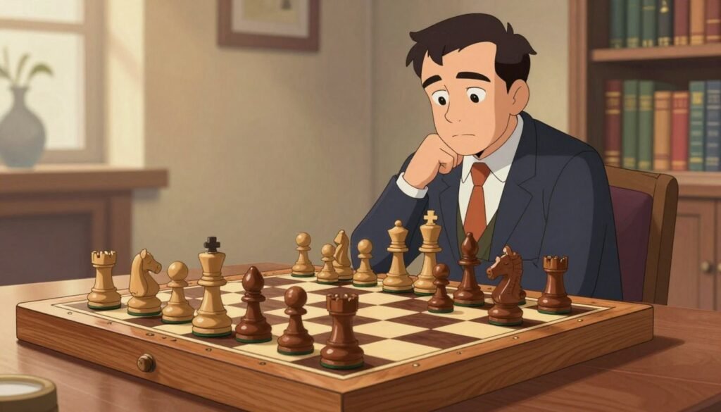 A serene chessboard set in a soft-lit, elegant room, featuring a classic wooden chess set with pieces strategically placed to illustrate various chess openings. In the foreground, highlight a well-organized chessboard with subtle details like a polished surface and rich wood grain. In the middle ground, display a scholarly figure in professional business attire, thoughtfully observing the board, their expression calm and focused. In the background, soft shadows create depth, while warm lighting accentuates the atmosphere of tranquility and intellectual engagement. The room is adorned with bookshelves filled with chess literature, hinting at the depth of strategy behind each opening. Capture the essence of strategic calm known as “the Capablanca way”, evoking a sense of refined mastery in chess. Image by Debsie.com.