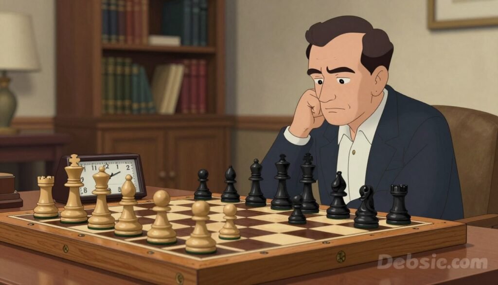 A serene chessboard set in a softly lit room, showcasing an intense endgame position with white pieces poised strategically against black pieces. In the foreground, highlight a well-worn wooden chessboard with polished pieces reflecting soft light, emphasizing the contrast between the white and black figures. The middle ground features a sophisticated chess clock, its hands indicating time running low, creating a sense of urgency. In the background, a blurred bookshelf filled with chess literature and a comfortable armchair invites contemplation. The overall atmosphere is calm yet focused, embodying the essence of strategic mastery in chess. The image should evoke the tranquility and depth of thought characteristic of José Raúl Capablanca's endgame prowess. A subtle logo of "Debsie.com" is integrated into the corner, maintaining a professional ambiance.