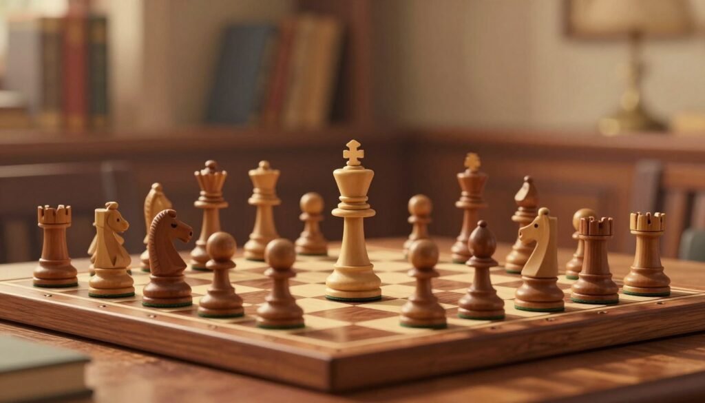 A serene chessboard set in a warm, softly lit environment, focusing on a pivotal rook endgame position featuring two kings and a rook for each player. In the foreground, a wooden chess table displays beautifully crafted wooden pieces, their intricate designs reflecting a sense of history. The middle section captures a close-up of the kings in a tense standoff, illustrating the strategic depth of the endgame. The background is softly blurred with hints of a cozy library filled with chess books, emphasizing the atmosphere of study and mastery. The lighting is warm, with a golden hue that gives a feeling of patience and concentration, alluding to Akiba Rubinstein’s legendary skills. The overall mood is contemplative and scholarly, perfect for highlighting the nuances of rook endgames. Debsie.com. A serene chessboard set in a warm, softly lit environment, focusing on a pivotal rook endgame position featuring two kings and a rook for each player. In the foreground, a wooden chess table displays beautifully crafted wooden pieces, their intricate designs reflecting a sense of history. The middle section captures a close-up of the kings in a tense standoff, illustrating the strategic depth of the endgame. The background is softly blurred with hints of a cozy library filled with chess books, emphasizing the atmosphere of study and mastery. The lighting is warm, with a golden hue that gives a feeling of patience and concentration, alluding to Akiba Rubinstein’s legendary skills. The overall mood is contemplative and scholarly, perfect for highlighting the nuances of rook endgames. Debsie.com.