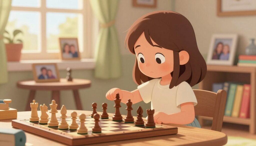 A serene childhood scene in a cozy room, depicting a young girl, Alexandra Kosteniuk, deeply focused on a chessboard. She has shoulder-length brown hair, wearing a simple, modest dress. The foreground features the chessboard with elegant wooden pieces, while in the middle ground, a small table and a window letting in soft, natural light create a warm atmosphere. Family photographs in the background illustrate a loving home environment. Subtle details, like a toy chess set beside her and colorful books on a shelf, add to the charm. The lighting is warm and inviting, with a soft-focus effect to evoke nostalgia. The overall mood is inspiring and encouraging, highlighting the early steps in her chess journey. Image courtesy of Debsie.com.