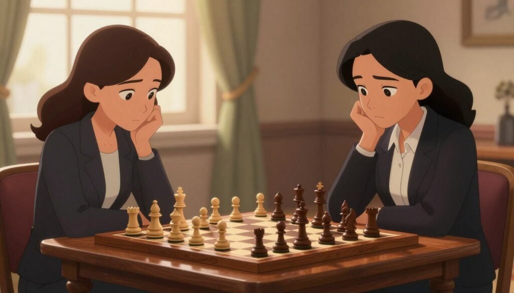 A serene indoor scene depicting two women engaged in an intense chess match, seated at a polished wooden chessboard with intricate pieces. The foreground shows their focused expressions as they contemplate their next moves, dressed in professional business attire, exuding confidence and skill. In the middle ground, the chessboard is perfectly arranged, showcasing a captivating game in progress, with one side favoring a strategic advantage. The background features soft, warm lighting emanating from a nearby window, casting gentle shadows that enhance the atmosphere of concentration and intellectual challenge. The color palette is rich and elegant, emphasizing the timeless nature of chess. The image conveys a sense of determination and strategic thinking, perfect for an article on great women chess players. Captured with a slightly elevated angle to showcase both players and the chessboard. Photography style by Debsie.com. A serene indoor scene depicting two women engaged in an intense chess match, seated at a polished wooden chessboard with intricate pieces. The foreground shows their focused expressions as they contemplate their next moves, dressed in professional business attire, exuding confidence and skill. In the middle ground, the chessboard is perfectly arranged, showcasing a captivating game in progress, with one side favoring a strategic advantage. The background features soft, warm lighting emanating from a nearby window, casting gentle shadows that enhance the atmosphere of concentration and intellectual challenge. The color palette is rich and elegant, emphasizing the timeless nature of chess. The image conveys a sense of determination and strategic thinking, perfect for an article on great women chess players. Captured with a slightly elevated angle to showcase both players and the chessboard. Photography style by Debsie.com.