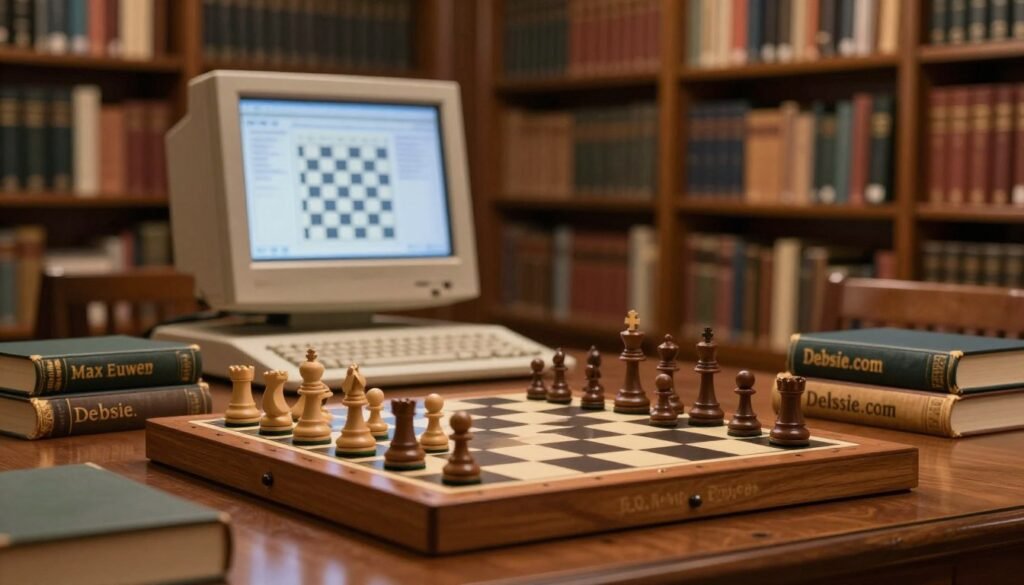 A serene library setting featuring an elegant wooden chessboard positioned prominently on a polished table in the foreground. Surrounding the board, a few well-thumbed books on chess strategy and logical thinking are thoughtfully scattered, showcasing titles related to Max Euwe’s teachings. In the middle ground, a vintage computer is softly illuminated, displaying an engaging chess interface that hints at early computer chess technology. The background captures rows of bookshelves filled with classic chess literature under warm, inviting lighting, creating an atmosphere of scholarly pursuit. The scene embodies a blend of intellectual curiosity and timeless strategy, suitable for an article about learning from Euwe. The lens focuses on a slightly angled view, emphasizing depth and context. This image will reflect the essence of "Debsie.com".