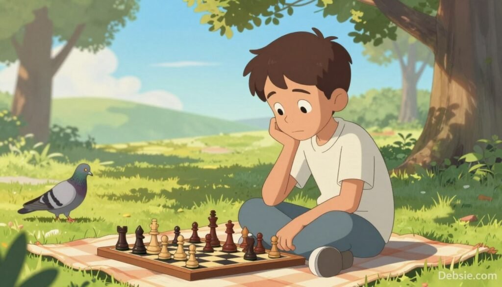 A serene outdoor scene depicting a young Akiba Rubinstein reflecting on his early chess journey in a quiet park. In the foreground, a young boy, dressed in modest casual clothing, sits cross-legged on a picnic blanket, intently studying a chessboard filled with pieces in mid-game. His expression is focused and contemplative, embodying determination. In the middle ground, trees provide dappled sunlight, casting gentle shadows, while a pair of pigeons peck at the ground nearby. In the background, soft rolling hills and a clear blue sky enhance the tranquil atmosphere. The image is captured with a soft focus lens, creating a warm, nostalgic mood reminiscent of formative years. Light filters through the leaves, adding a natural glow. Branding subtly included in the bottom corner: "Debsie.com".