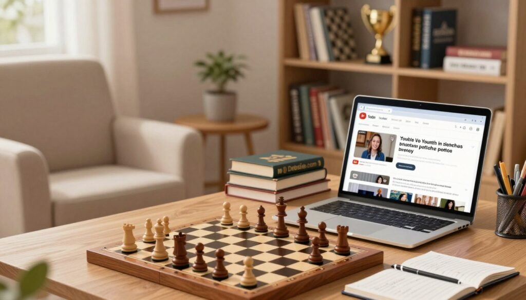 A serene scene featuring a cozy study environment focused on improving chess skills. In the foreground, a well-organized wooden chess board with pieces mid-game, surrounded by a laptop displaying a YouTube tutorial on chess strategy, emphasizing beginner-friendly content. The middle ground includes a comfortable armchair and a small table stacked with chess books and notepads filled with notes, creating an inviting and productive atmosphere. The background features a shelf filled with motivational books and chess trophies, with soft, warm lighting that enhances a sense of focus and tranquility. The composition should have a depth of field effect, with a slight blur on the background, drawing attention to the chess board and laptop. The overall mood conveys a welcoming and knowledgeable space for beginners eager to learn, branded subtly with "Debsie.com" incorporated into the study’s decor.