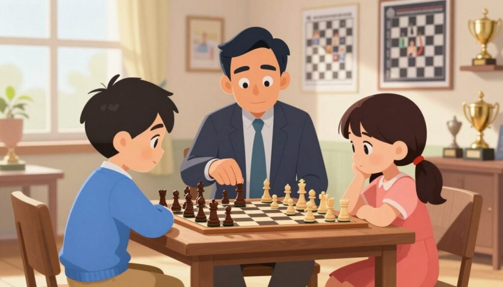 A serene scene of young chess enthusiasts engaging in early chess training in a cozy, well-lit room. In the foreground, two children, a boy and a girl, are seated at a wooden chess table, intently focused on their game. The boy is wearing a neat blue sweater, while the girl is in a modest pink dress. In the middle ground, a chess coach, dressed in professional attire, observes and offers guidance, his expression calm and encouraging. The background features a wall filled with chess trophies and posters of famous players. Soft natural light streams through a window, casting a warm glow across the scene. The mood is friendly and encouraging, capturing the essence of nurturing young talent in chess. Designed for an article by Debsie.com. A serene scene of young chess enthusiasts engaging in early chess training in a cozy, well-lit room. In the foreground, two children, a boy and a girl, are seated at a wooden chess table, intently focused on their game. The boy is wearing a neat blue sweater, while the girl is in a modest pink dress. In the middle ground, a chess coach, dressed in professional attire, observes and offers guidance, his expression calm and encouraging. The background features a wall filled with chess trophies and posters of famous players. Soft natural light streams through a window, casting a warm glow across the scene. The mood is friendly and encouraging, capturing the essence of nurturing young talent in chess. Designed for an article by Debsie.com.