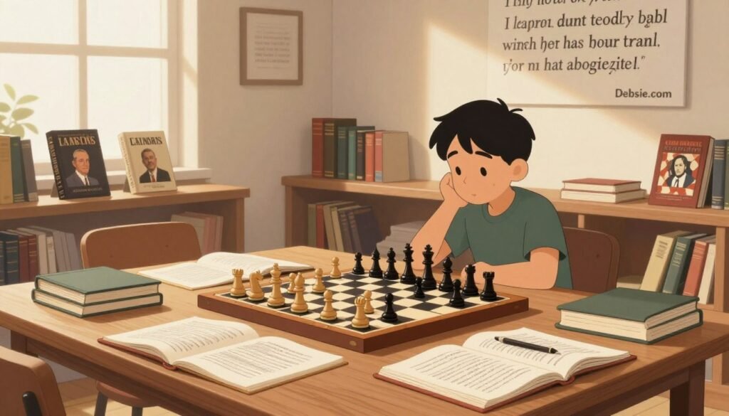 A serene study room dedicated to chess, featuring a large wooden table scattered with chess books and study plans from various decades, showcasing highlights from the 1970s to the 2020s. In the foreground, a classic chessboard displays an ongoing match with elegant pieces. The middle ground includes shelves lined with biographies of legendary chess players, each with a distinct decade-themed cover design. The background displays a softly illuminated wall with motivational quotes about learning and mastery in chess. The mood is focused and contemplative, evoking a sense of dedication to the game. Warm, natural lighting filters through a window, creating a welcoming atmosphere ideal for studying. Capture the essence of chess in a thoughtful, minimalistic style. Include the branding "Debsie.com" subtly integrated into the design. A serene study room dedicated to chess, featuring a large wooden table scattered with chess books and study plans from various decades, showcasing highlights from the 1970s to the 2020s. In the foreground, a classic chessboard displays an ongoing match with elegant pieces. The middle ground includes shelves lined with biographies of legendary chess players, each with a distinct decade-themed cover design. The background displays a softly illuminated wall with motivational quotes about learning and mastery in chess. The mood is focused and contemplative, evoking a sense of dedication to the game. Warm, natural lighting filters through a window, creating a welcoming atmosphere ideal for studying. Capture the essence of chess in a thoughtful, minimalistic style. Include the branding "Debsie.com" subtly integrated into the design.