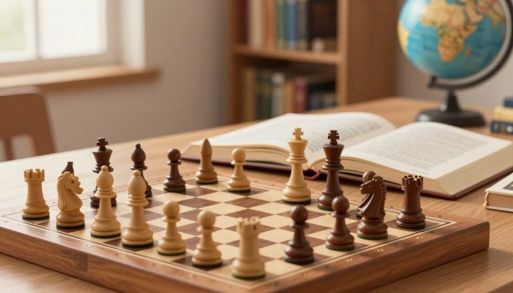 A serene study space focusing on chess, with a wooden chessboard set up for an ongoing game in the foreground. A close-up of the chess pieces in mid-game, carefully arranged, showcasing varying styles of classical and modern design. In the middle ground, an open chess book with notes and annotations sprawled next to the board, suggesting active engagement with strategies. Soft, warm lighting filters through a nearby window, creating an inviting atmosphere. In the background, blurred shelves filled with chess literature and a globe, emphasizing a scholarly environment. The overall mood is calm and focused, ideal for absorbing chess concepts and strategies. The image is minimalistic and professional, embodying a structured approach to learning chess. The branding "Debsie.com" subtly integrated into the setting.
