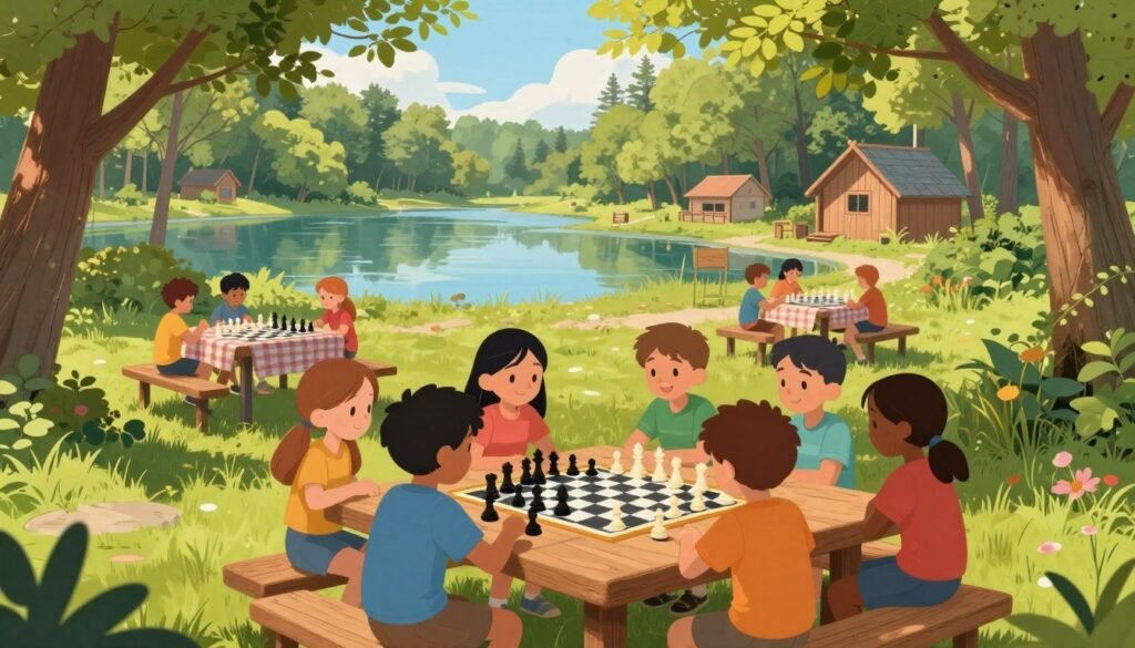 A serene summer camp scene set in a sunlit forest, with children gathered around a large wooden table engaged in a friendly chess match. In the foreground, a diverse group of kids, wearing colorful summer clothes, showcases a focused yet cheerful atmosphere. In the middle ground, there are picnic tables with checkered tablecloths, surrounded by trees with vibrant green leaves. The background features a tranquil lake reflecting blue skies, and rustic cabins nestled among the trees. Soft, warm lighting bathes the scene, capturing the essence of a joyful summer day. Shot from a slight high angle to encompass both the chess game and the lush natural surroundings. The mood is inviting and encouraging, perfect for highlighting educational activities at summer camps. Debsie.com.