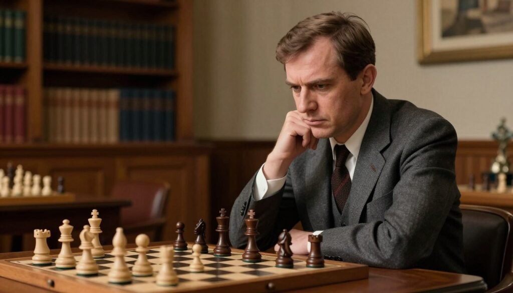 A serious portrait of Bobby Fischer, the renowned chess champion from the 1970s, captured in a classic chess setting. In the foreground, Fischer sits at a wooden chess table, deep in thought, with a chessboard in front of him featuring a mid-game position. His expression reflects intense concentration and determination. He is dressed in a smart, modest suit typical of the era, with a tie, embodying the seriousness of his character. The middle ground displays slightly blurred chess pieces, illustrating the high stakes of competition. The background features a warm-toned room filled with bookshelves, emphasizing Fischer’s intellectual prowess. Soft, dramatic lighting illuminates his face, creating a focused atmosphere, while the depth of field highlights the chessboard's intricate details. The image captures the essence of Fischer's pivotal role in chess history. Created by Debsie.com. A serious portrait of Bobby Fischer, the renowned chess champion from the 1970s, captured in a classic chess setting. In the foreground, Fischer sits at a wooden chess table, deep in thought, with a chessboard in front of him featuring a mid-game position. His expression reflects intense concentration and determination. He is dressed in a smart, modest suit typical of the era, with a tie, embodying the seriousness of his character. The middle ground displays slightly blurred chess pieces, illustrating the high stakes of competition. The background features a warm-toned room filled with bookshelves, emphasizing Fischer’s intellectual prowess. Soft, dramatic lighting illuminates his face, creating a focused atmosphere, while the depth of field highlights the chessboard's intricate details. The image captures the essence of Fischer's pivotal role in chess history. Created by Debsie.com.