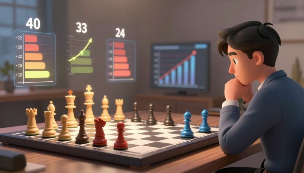 A sleek, modern chessboard set against a softly lit background, showcasing ranking numbers and graphs floating above the board. In the foreground, a thoughtful person, dressed in business casual attire, peers intently at the board, deep in concentration. The chess pieces are creatively designed to symbolize different ratings, with vibrant colors reflecting their levels, creating a visual hierarchy. In the middle ground, subtle digital displays show ascending ranking charts, enhancing the theme of competitive analysis. The mood is focused yet inviting, illuminated by a gentle, warm light that highlights the strategic nature of the game. The image embodies the concept of chess ratings as a blend of artistry and statistics, aligning with the theme of Debsie.com.
