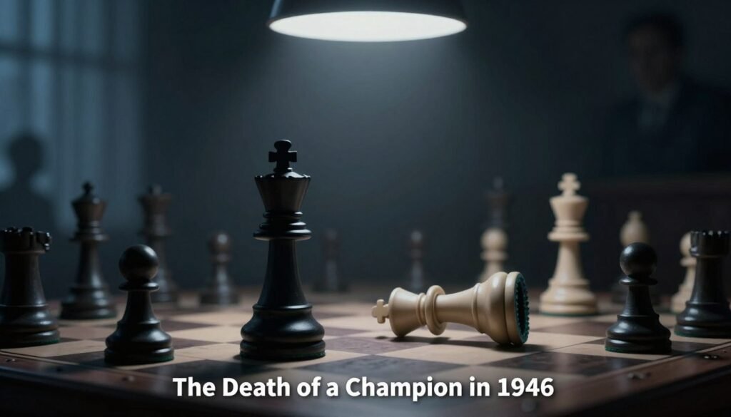A somber and atmospheric scene evoking the theme of death, featuring a chessboard dimly lit by a single overhead light, casting sharp shadows across the pieces. In the foreground, a stark black rook stands prominently, symbolizing an endgame, while a lone white king is slightly tipped, embodying the fallen champion. In the middle ground, blurred silhouettes of chess pieces hint at a past struggle, suggesting the weight of tactics and battles faced. The background reveals an empty, shadowy room, with faded curtains that subtly sway as if stirred by a ghostly presence, enhancing the feeling of loss. The overall color palette is muted with dark blues and grays, creating an introspective and melancholic mood, reminiscent of a once-great player's demise. Professional business attire or modest casual clothing should be included for any implied human figures, ensuring a respectful atmosphere. Rendered in high detail and soft focus, this image will resonate with the title "The Death of a Champion in 1946." Best
