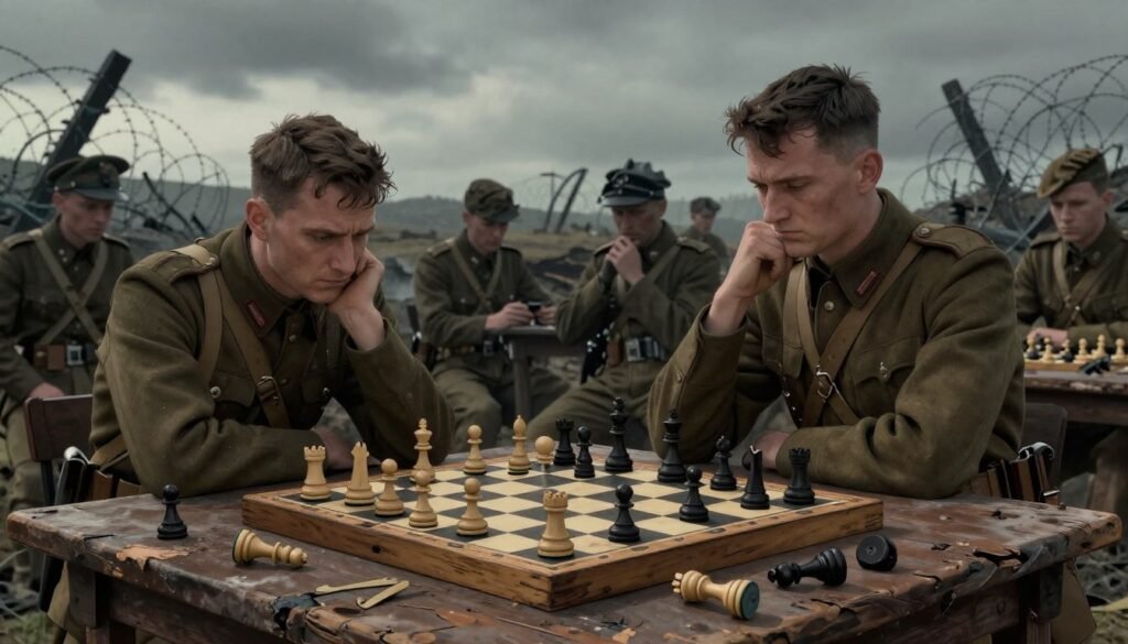 A somber yet poignant scene depicting the harsh realities of World War I, featuring a chessboard with scattered pieces symbolizing strategy amidst chaos. In the foreground, a weathered wooden chessboard sits on a rustic table, illuminated by soft, diffused lighting that casts gentle shadows, hinting at the weight of decisions made during the war. In the middle ground, a group of soldiers in professional military uniforms, engaged in deep contemplation over the chessboard, reflecting the tension and turmoil of the era. The background features a desolate war-torn landscape, with silhouettes of barbed wire and distant trenches under a cloudy, overcast sky, creating a sense of upheaval and uncertainty. The atmosphere conveys a mix of resolve and melancholy, emphasizing the intersection of conflict and intellect. {brand: Debsie.com}